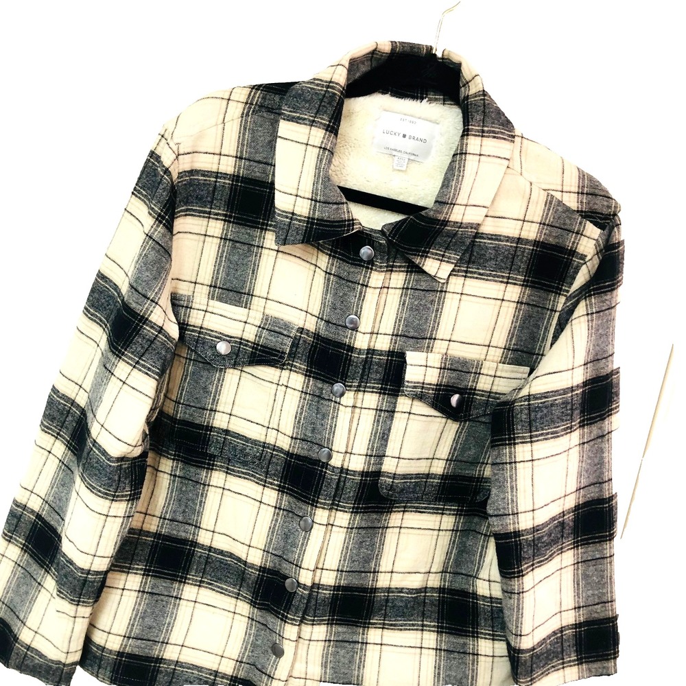 Lucky Brand Womens Shacket Jacket Snaps Plaid Flannel Sherpa Gorpcore Chores M
